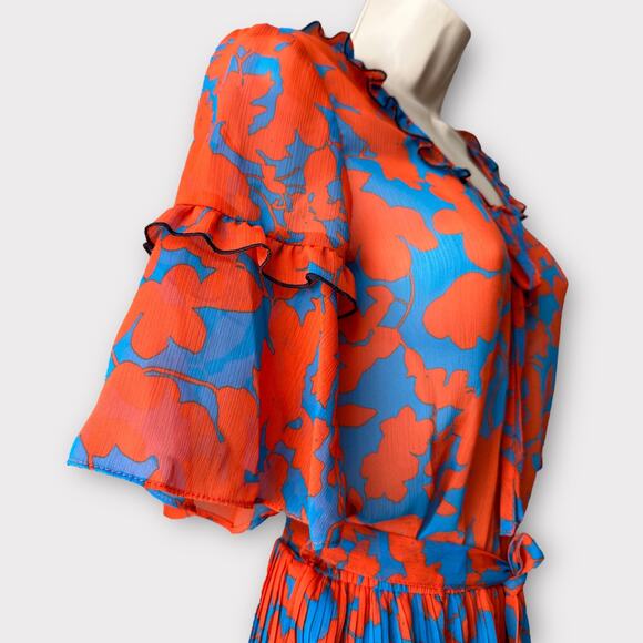 H&M Pleated Chiffon Floral Dress with Fringe Details, Size 2, Red/Blue - Picture 6 of 13